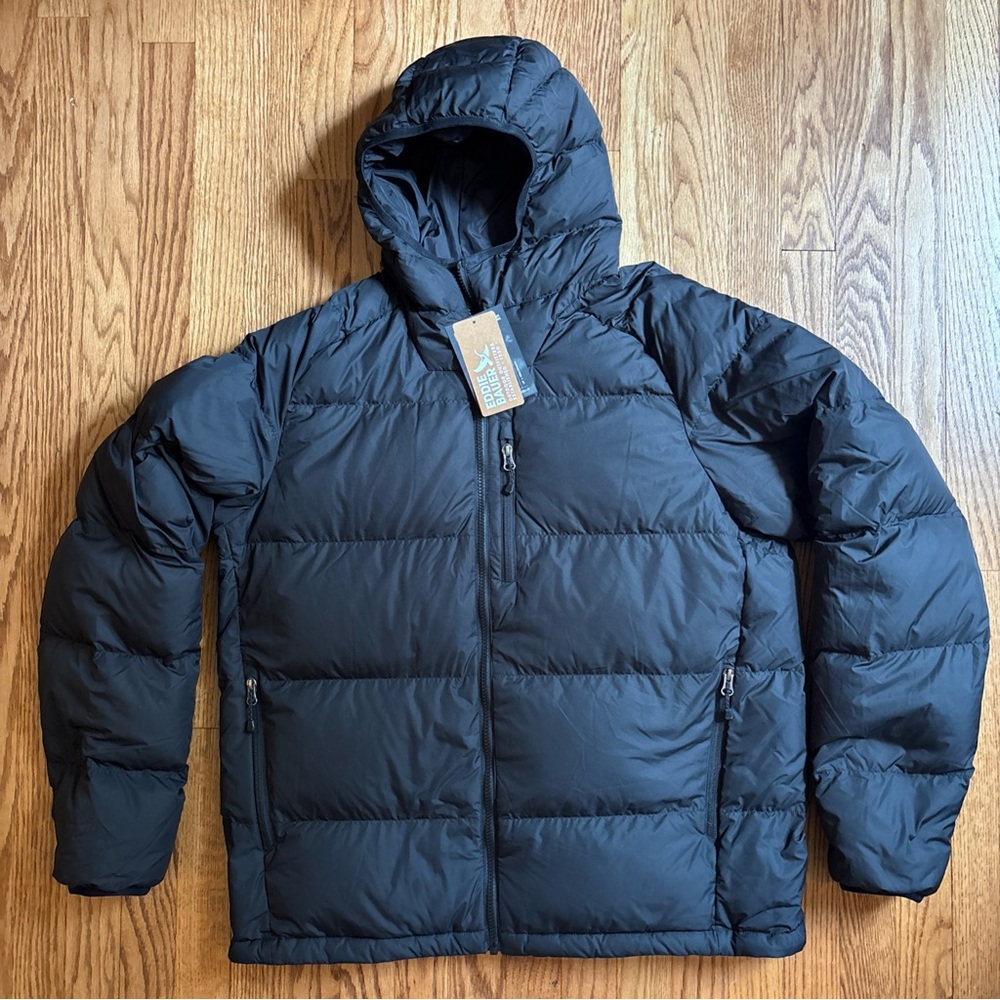 NWT EDDIE BAUER FULL ZIP DOWN PUFFER JACKET MENS LARGE WITH HOOD 650 Black NWT